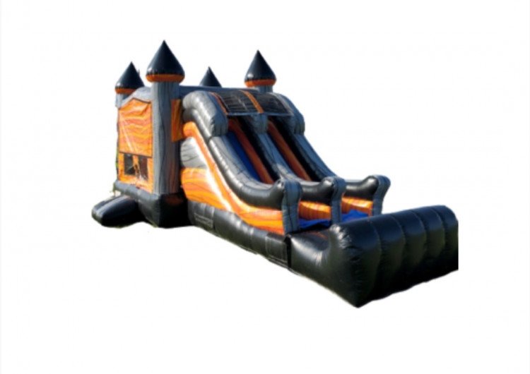 Black and orange fire bounce house